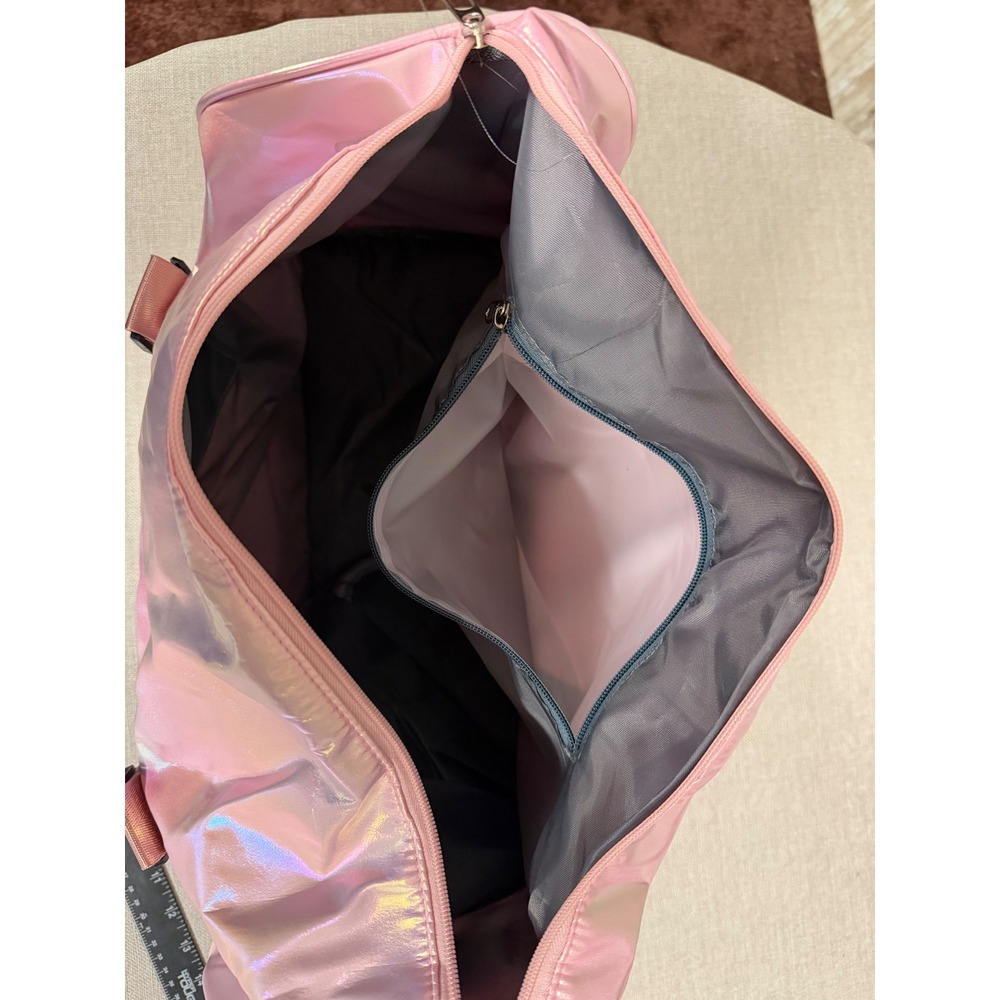 Pink Iridescent Holographic Duffel Bag Gym Travel Weekender with Shoe Pocket - Picture 3 of 5